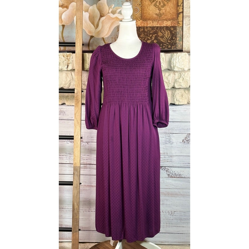 Croft & Barrow Maroon Purple Smocked Midi Dress XS Textured 3/4 Sleeve Rayon